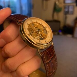 Stauer Gold Skeleton Dial Men's Watch with Brown Leather Strap